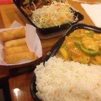Yellow Curry · Yellow curry paste, rich coconut milk, potato, onion, carrots and bell peppers. Spicy dish. ...