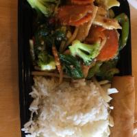 Thai Basil · Stir fried, Thai basil, fresh garlic, bamboo shoot, broccoli, bell pepper, and carrots. Serv...