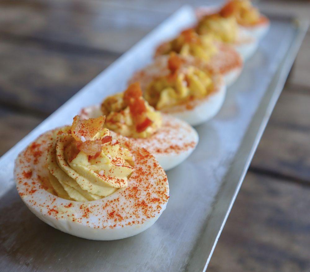 Deviled Eggs · Smoky bacon, hint of jalapeño, and paprika.
