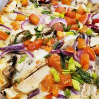 Garlic Chicken Pizza · Made with white sauce, mozzarella cheese, mushroom, red onion, chicken breast, green onion a...