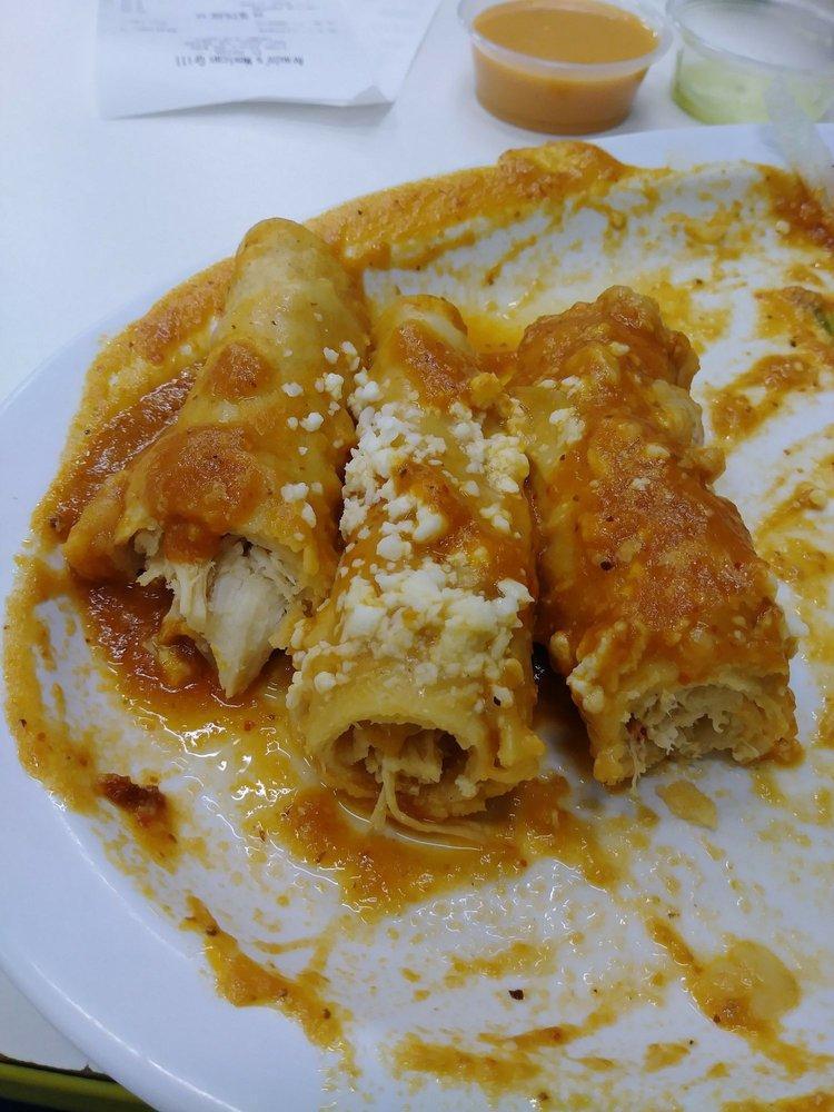 Enchiladas · 4  chicken enchiladas, smothered in melted jack cheese and your choice of our house red or green sauce (medium spice). Served with rice, beans, and salad.