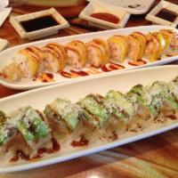 Hawaiian Roll · Tempura shrimp, snow crab and mango topped with smelt roe, eel sauce and spicy mayo. 8 pieces.
