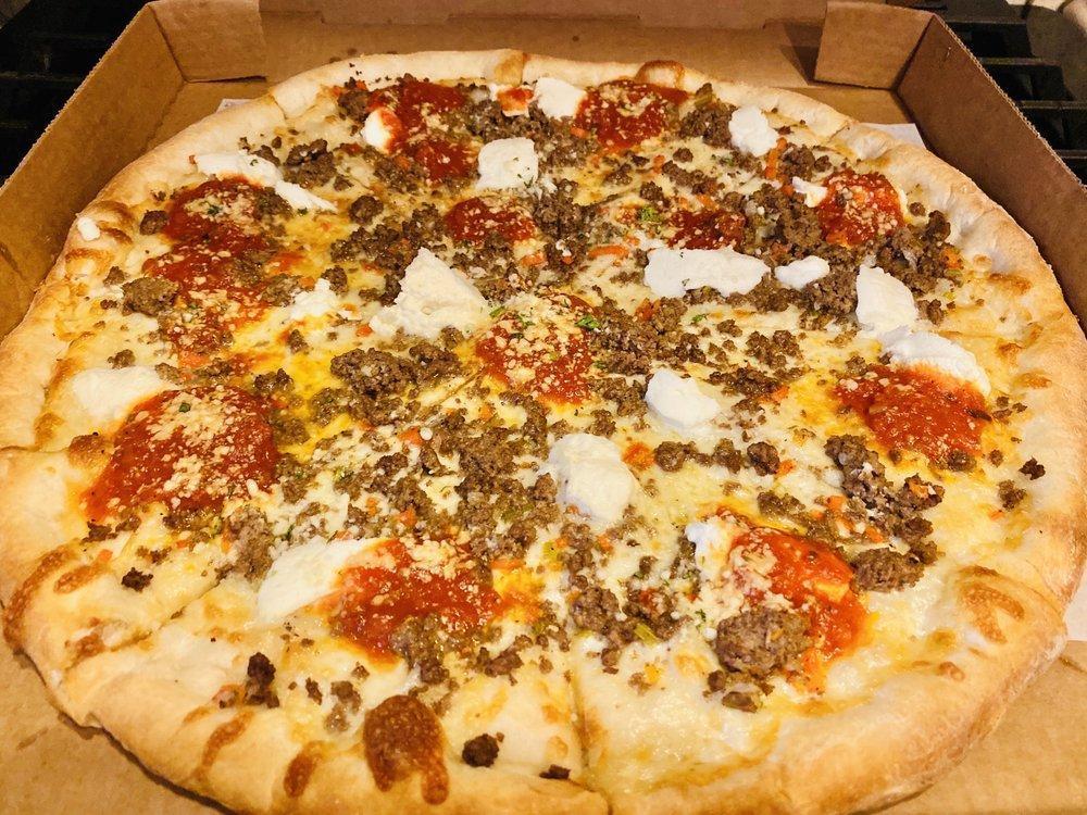 Lasagna Pizza · Ground beef, tomato sauce, ricotta & mozzarella.