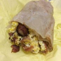 Hashbrown Burrito · Eggs, hashbrown, bacon, sausage, cheese, and sour cream.