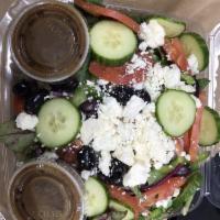 Greek Salad · Mixed greens, tomatoes, red onions, bell peppers, Kalamata olives, feta cheese and balsamic ...
