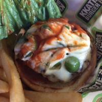 Hell Burger · Angus burger topped with grilled jalapenos, pepper jack cheese, hell sauce and lettuce on a ...