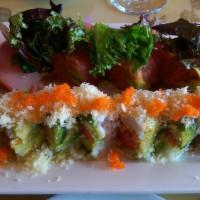 Sashimi Roll · No Rice. Spicy tuna, tempura flake and salmon. Topped with tuna, salmon and yellowtail.