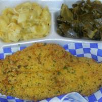 Catfish Dinner · Includes 3 sides and corn bread. Mashed Potatoes are currently unavailable.