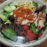 Southwest Chicken Salad · Gluten-free. Avocado, tomato, black bean, and corn salsa, mixed greens, toasted corn, and ch...