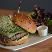 Cali Burger · Avocado, sprouts, melted Jack cheese, tomato and red onion.