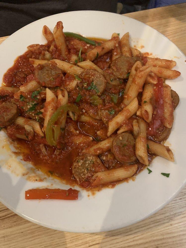 Italian Sausage · Marinara sauce, spicy Italian sausage, mixed peppers, mushrooms, Marsala wine, Parmesan cheese. Served on penne.