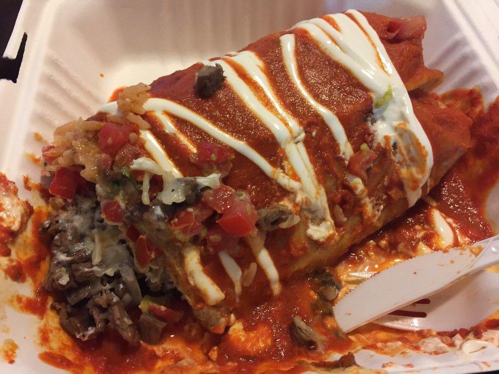 Super Burritos · Choice of meat, rice, pinto bean and salsa fresca. Served with avocado, sour cream and cheese.