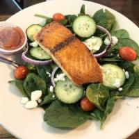 Spinach Salmon Salad · Grilled Atlantic salmon fillet on bed of fresh spinach, cherry tomatoes, red onion, cucumber...