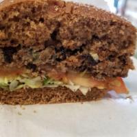 Chipotle Black Bean Veggie Burger · Vegetarian patty, lettuce, tomato, onion and pickles on wheat bun with mayo and mustard.