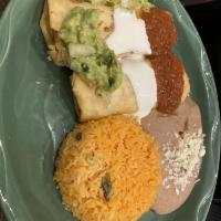 Chimichangas · Served with rice, beans, guacamole, pico de gallo & sour cream. or Salad & French fries