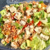 Oriental Chicken Salad · Romaine lettuce, grilled chicken breast, green onions, bell peppers, crispy rice noodles, ma...