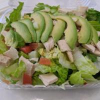Avocado Salad · Romaine lettuce, avocado, grilled chicken breast, bacon, tomato and cucumbers with choice of...