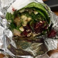 Spinach Wrap · Spinach, baked chicken, walnuts, crumbled blue cheese, red onions and cranberries with our P...