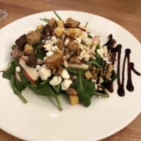 Baby Spinach Salad · Walnuts, sliced apple, goat cheese and honey dijon.