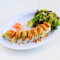 Tiger Roll · Inside crabmeat, avocado and cucumber. Topped with spicy tuna, shrimp, avocado, spicy mayonn...