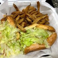 Chicken Cheesesteak · Chopped chicken breast, provolone cheese, and sauteed onions loaded with lettuce, tomato, ba...