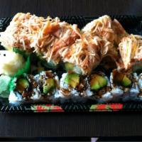 Angry Bird Roll · Shrimp tempura, mango, cucumber, avocado inside, and spicy crab meat on top with eel spicy m...