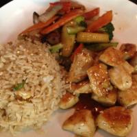 Hibachi Chicken · Served with 2 pieces of hibachi shrimp flambe, soup, green salad, assorted vegetable, noodle...