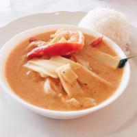 Red Curry · A choice of protein, coconut milk, red curry paste, bamboo shoot, bell pepper and basil.