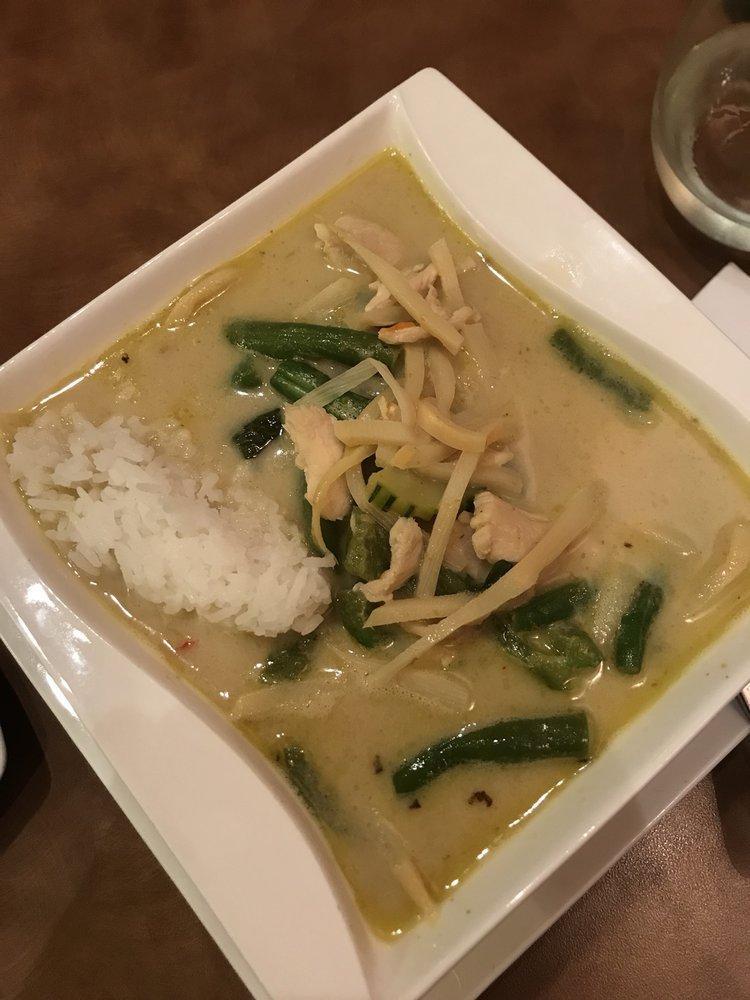 Green Curry · Thai spices blended in green curry paste and coconut milk with string beans, zucchini, bell peppers, bamboo shoots and fresh basil.