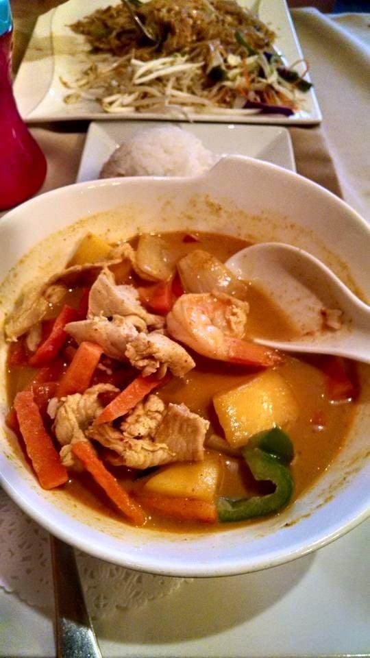 Yellow Curry · Thai spices blended in yellow curry paste and coconut milk, pineapples, tomatoes, red and green peppers, potatoes, carrots and onions.