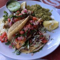 Fish Tacos Hot Stuff Dinner · Catch of the day. Blackened, grilled or crispy with corn or flour tortillas. Served with her...