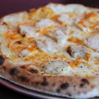Buffalo Chicken Pizza · Buffalo sauce, shredded mozzarella, blue cheese crumbles, and grilled chicken.