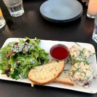 Raspberry Chicken Salad · Organic chicken salad with pecans, apples, gorgonzola and mayonnaise with mixed greens and r...