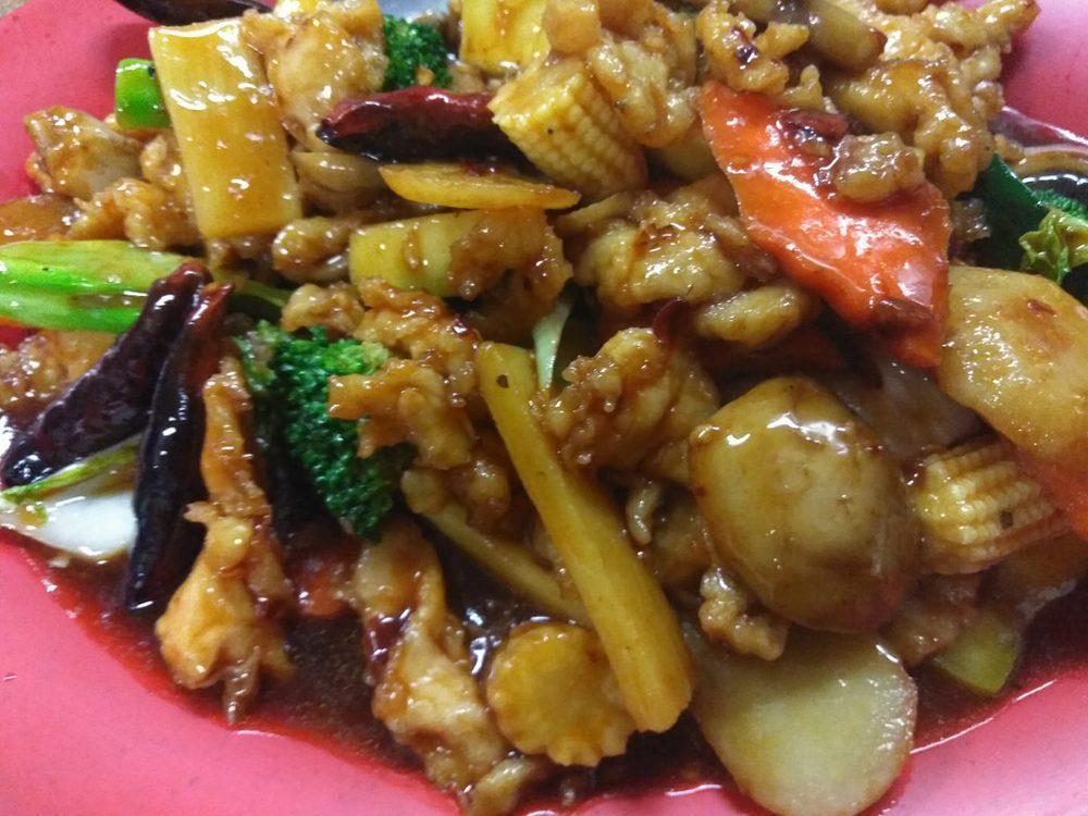 Hunan Chicken · Hot and spicy. Sliced chicken breast, cooked in a spicy brown sauce with Chinese vegetables.