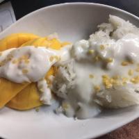 Mango Sticky Rice · Seasonal. Sliced, sweet mango served with sticky rice dressed with sweet coconut sauce and t...