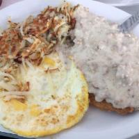Breakfast Fried Chicken · 2 eggs any style, smothered in homemade sausage gravy, hashbrowns and choice of toast or pan...