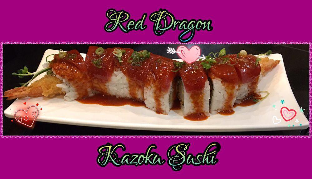 Red Dragon Roll · Fresh shrimp tempura and cucumber topped with spicy tuna and scallions. Spicy.