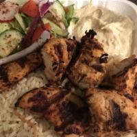 Chicken Kabob Dinner · Served with pita bread, house salad and your choice of side and spread. 