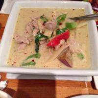 Green Curry · Green Thai curry and coconut sauce with eggplant, bell peppers, bamboo shoots and sweet basi...