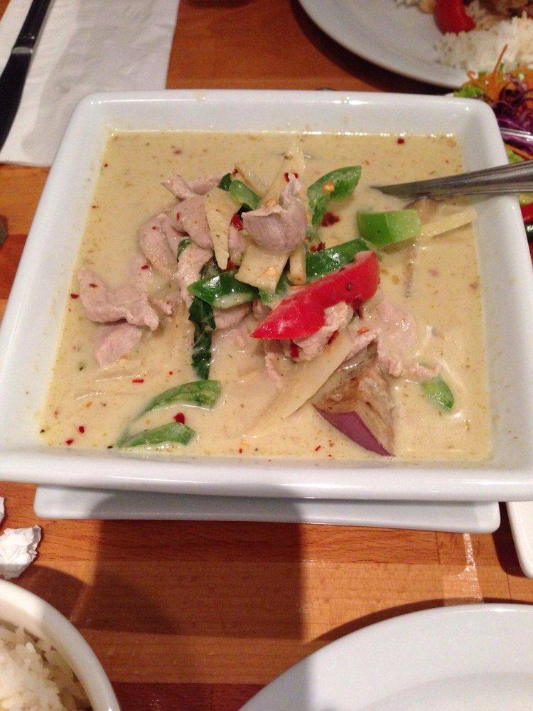 Green Curry · Green Thai curry and coconut sauce with eggplant, bell peppers, bamboo shoots and sweet basil. Served with choice of rice.