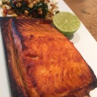Cedar Plank Salmon · North Atlantic salmon roasted on a cedar plank in our hearth oven with smoked paprika and li...