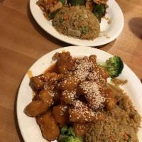 Sesame Chicken · Served with choice of rice. Gluten free.