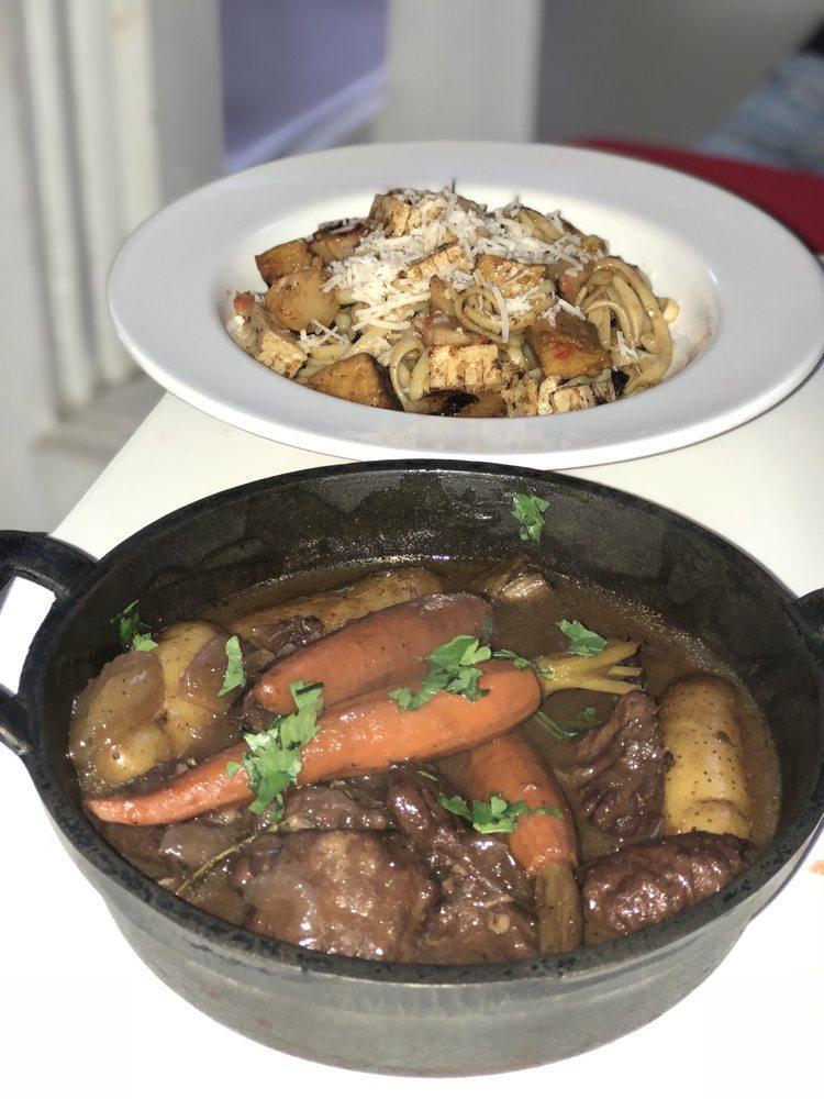 Boeuf Bourguignon · Stew with vegan beef (pea protein) marinated in red wine (pinot noir) and four spices, pearl onion, carrots and fingerling potatoes. 100% vegan, GF and SF.