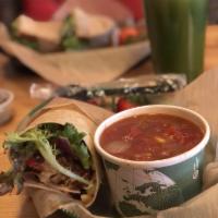 Southwest Crunch Wrap · Tomato basil wrap with Sriracha ranch dressing, greens, tomato, avocado, red onion, quinoa b...
