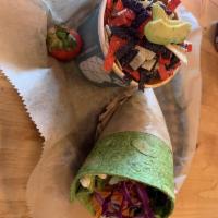 Black Bean Veggie Wrap · Spinach wrap, vegan ranch dressing, greens, tomato, cucumber, squash, avocado, red onion, sh...