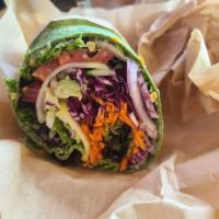 Loaded Veggie Wrap · Spinach wrap with vegan ranch dressing, greens, tomato, cucumber, squash, avocado, red onion...