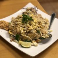 Pad Thai · Stir fried thin rice noodle with egg, tofu, onion, bean sprout, and choice of meat topped wi...