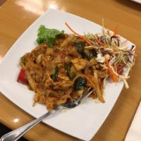Drunken Noodle · Pad kee mao. Stir fried flat noodle with onion, bell pepper, tomato, basil, and choice of me...