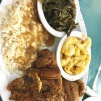 Fried Chicken · 3 pieces. Served with rice and choice of 2 sides.