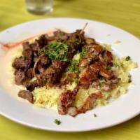 Meat Combo · Lamb, chicken and kafta (ground beef, parsley, onions and traditional spices) with special f...